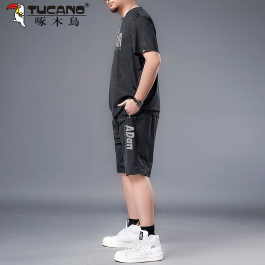 啄木鸟大码冰丝运动服套装男夏季胖子加肥加大速干短裤短袖t恤休闲男装 黑色826一套 XL 建议125-140斤