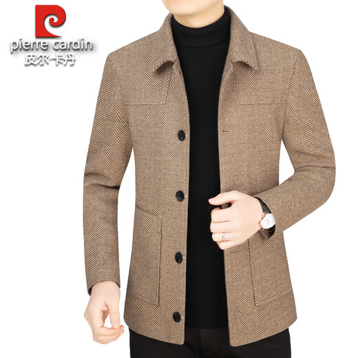 Pierre Cardin high-end men's woolen woolen jacket spring and autumn new style young and middle-aged casual lapel men's jacket dad top Khaki XL 180 (135-150Jin Jin is equal to 0.5 kg)