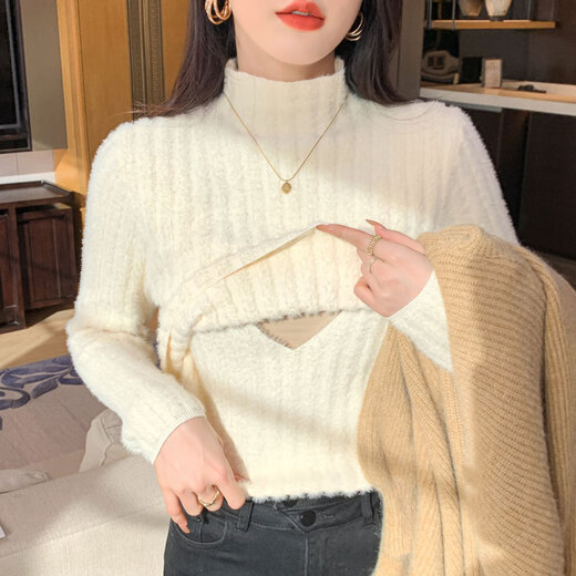 yakelijia哺乳期妈妈外出衣服秋冬季上衣时尚加厚保暖辣妈产后外穿哺乳毛衣 杏色哺乳#9226 M