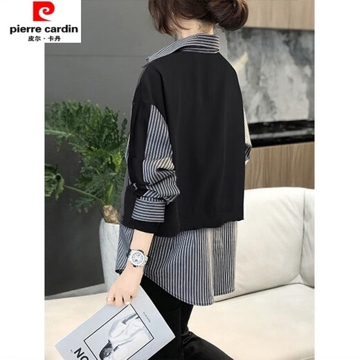 Pierre Cardin 2025 early spring new Hong Kong style fake two-piece spliced striped long-sleeved shirt for women loose and versatile polo collar top picture color XL115-125Jin Jin equals 0.5 kg