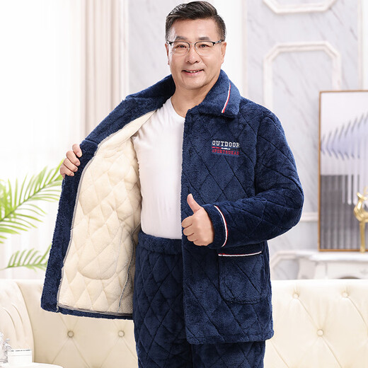 费迈博冬天穿的睡衣男士三层夹棉加棉袄加厚加绒珊瑚绒中老年人爸爸套装 c9901#黑灰色男牛奶绒 L  (100-125斤)三层加厚