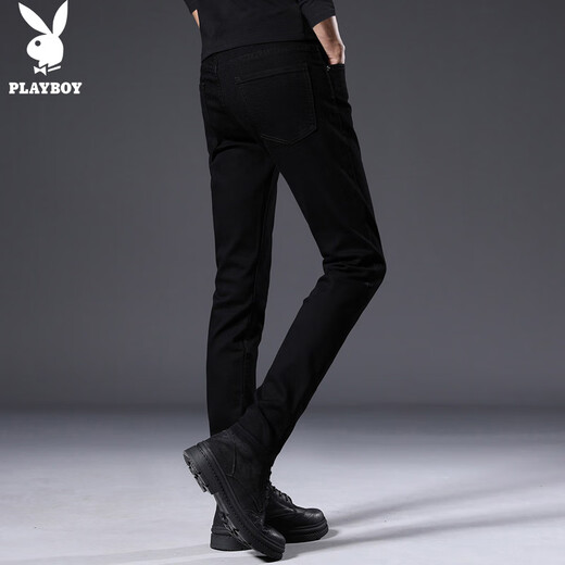 花花公子（PLAYBOY）牛仔裤男裤子男秋冬季男士休闲裤修身潮流弹力小脚裤 黑色 32