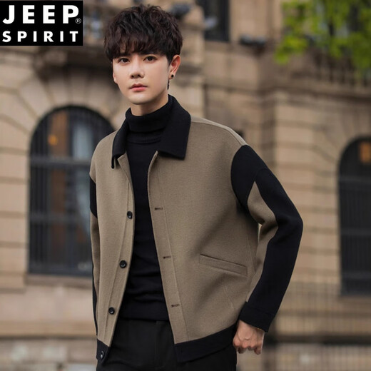 JEEP SPIRIT autumn and winter high-end wool double-sided woolen coat men's short lapel jacket woolen top men's woolen coat light brown XL 130-150Jin Jin equals 0.5 kg
