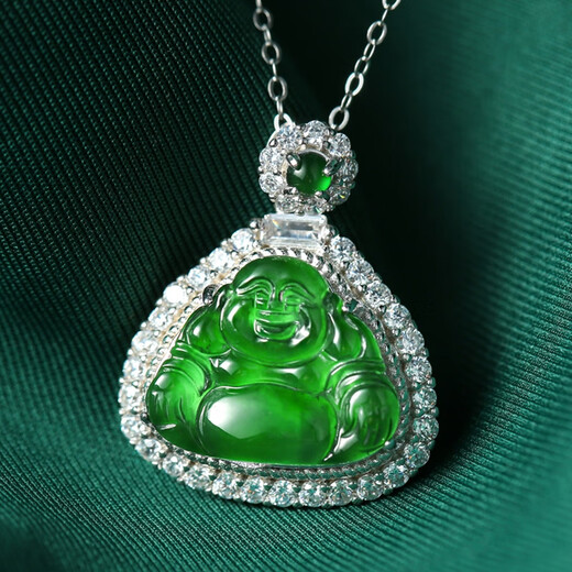 Oriental Jadeite Imperial Green Pendant S925 Silver Full Inlaid Green Smiling Mouth Always Open A-grade Jadeite Buddha Necklace Same Style for Men and Women