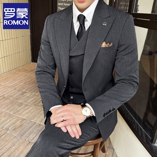 ROMON Italian groom suit men's wedding formal dress Korean style slim lapel business casual suit jacket 9002 navy blue (suit + vest + pants) XL