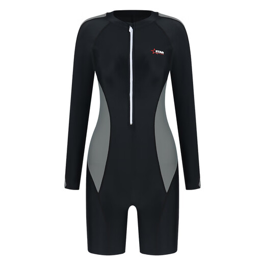 
BOSOOT one-piece swimsuit women's long-sleeved five-point pants professional sports conservative flat angles to make your belly slimming hot spring large-size swimsuit D719 black gray L (100-112Jin[Jin equals 0.5 kg])