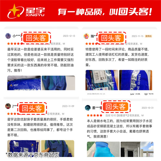 星宇浸胶劳保手套优耐保橡胶防滑耐磨工地工作建筑干活防护12双/包M中码A688【正品行货】