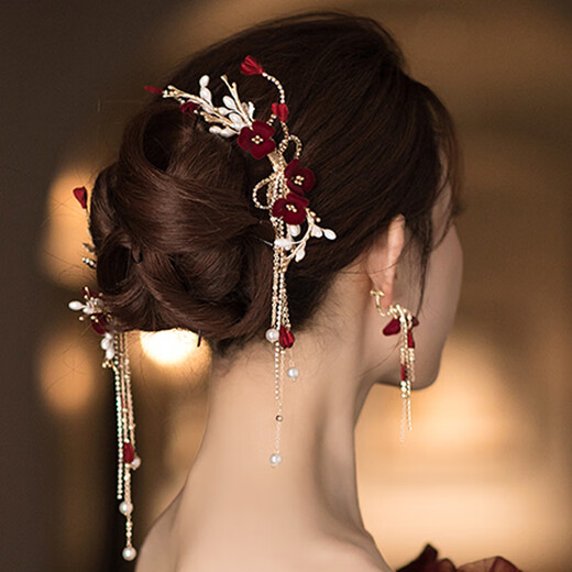 Jingli Jingda Toastanzug Brautkopfschmuck einfach und atmosphärische Hochzeitskleid Hochzeit High-End-Sinn für XiUhe Anzug Engagement Cheongsam Haarzubehör Frauen Braut Blumenhaar Clip Anzug
