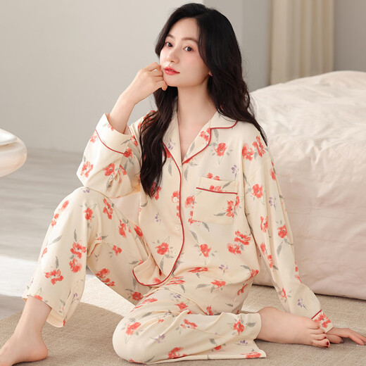三枪睡衣女士春秋款纯棉长袖长裤时尚翻领家居服秋季全棉高级感套装 9249 M 女(建议80-100斤)