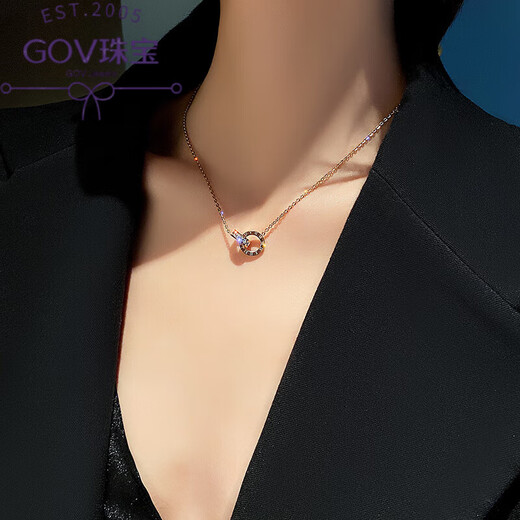 Yulong Xiaoman waist 18k gold necklace AU750 women's 18K color gold double ring diamond light luxury pendant clavicle chain Valentine's Day gift