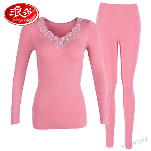 浪莎（LangSha）蕾丝性感保暖内衣套装女士莫代尔美体修身秋衣秋裤打底全纯棉毛衫 9905大红色 均码【上衣+ 裤子80-150斤内穿】