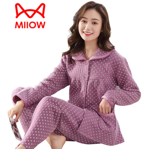 猫人（MiiOW）秋冬季全棉空气棉夹层睡衣女加厚纯棉长袖三层厚款夹棉家居服套装 6169 M