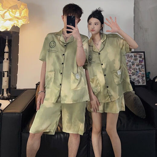 Clolv kissCK summer light luxury couple pajamas ice silk one male and one female student dormitory home clothes suit short-sleeved shorts CX418# gray letters high quality female M + male L 2 sets in total