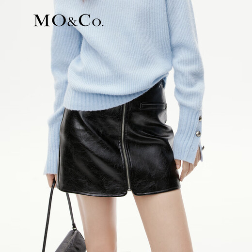 MO&Co. Rock style front zipper high waist knitted fabric base plain leather PU leather A-line short skirt skirt leather skirt Moanke black-2nd batch M 165