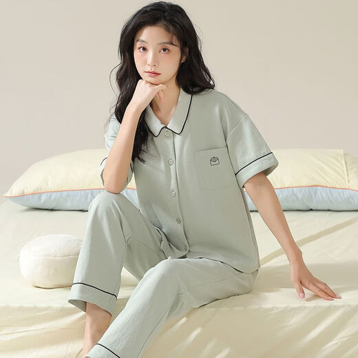 Manzhizhuang couple pajamas short-sleeved trousers for men cool pure cotton summer thin female parents can wear home clothes suit autumn 12605 single female L (recommended 100-120 Jin [Jin equals 0.5 kg])
