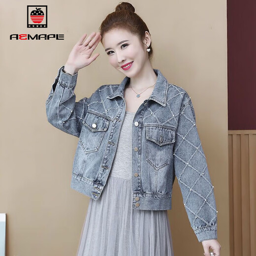 Aemape Denim Jacket for Women Short 2025 printemps et automne Nouveau coréen lâche et réduction de la mode BF Small Veste Blue 838 L 105115Jin [Jin est égal à 0,5 kg]