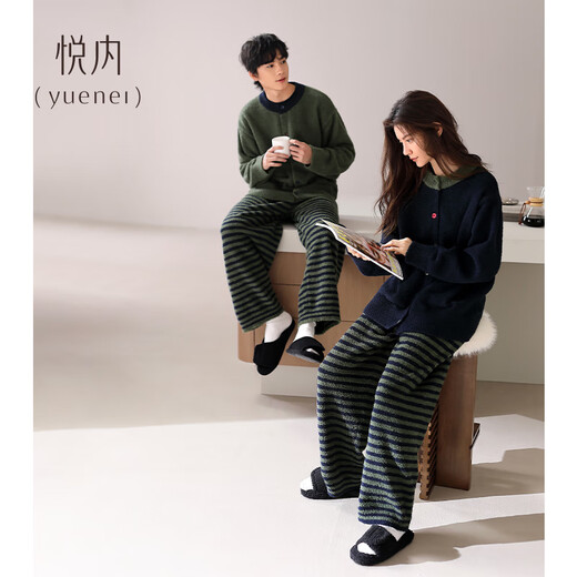 Yuenei Half Velvet Couple Pajamas Women's Autumn and Winter Coral Velvet Plus Velvet Warm Home Clothes Winter Men's Suit 34248 Dark Green Men's L (Male 110-140 Jin Jin equals 0.5 kg / Female 110-120 Jin Jin equals 0.5 kg)