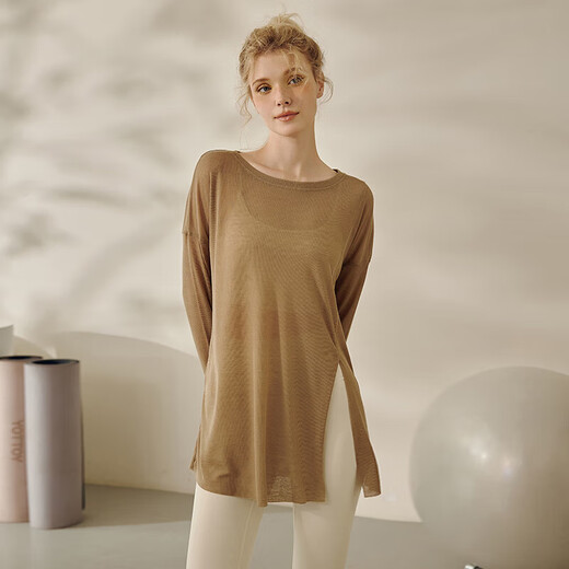 LULUUVTTOH loose sports top women's breathable running Pilates training fitness cover-up long hip-covering yoga wear long-sleeved khaki brown L/XL