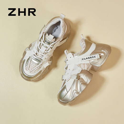 ZHR dad shoes for women retro thick sole heightened casual shoes for women light trendy comfortable women's shoes G677 gold 37