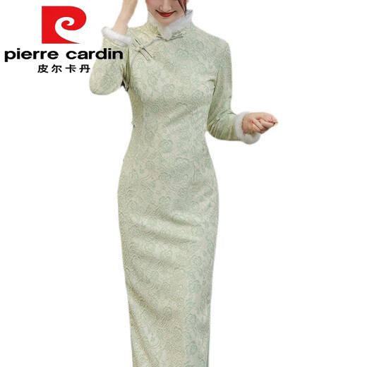 皮尔卡丹（pierre cardin）旗袍女2025秋冬新款年年轻款长袖高端气质改良连衣裙蕾丝加绒冬款 酒红针织1098 L