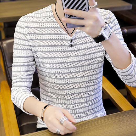 
Pierre cardin men's long-sleeved T-shirt 2025 spring and autumn v-neck base shirt trendy casual contrast striped T-shirt top youth 6188 black M