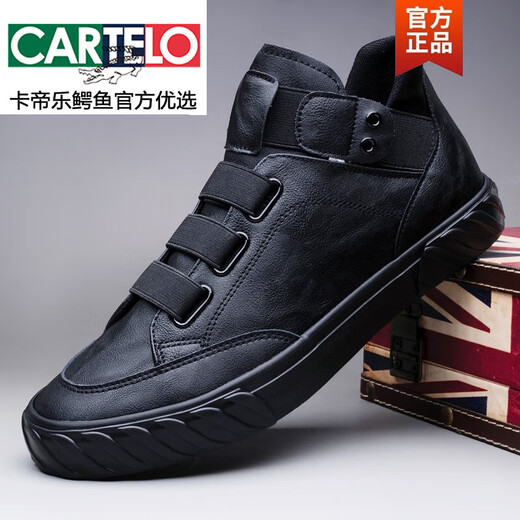 CARTELO men's shoes spring new high-top shoes men's trendy shoes casual shoes men's board shoes one-step lazy leather shoes men's trendy and versatile SS-9857 all black 38
