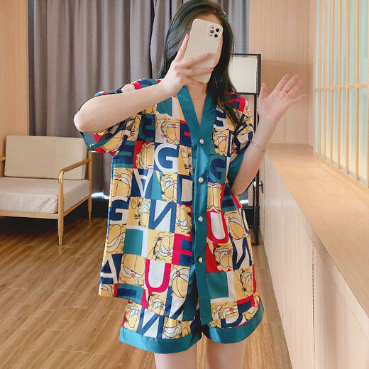 Victoria's style new Chinese style summer short-sleeved ice silk pajamas for women in summer 2024 new short-sleeved shorts for outdoor wear home clothes 848# double-breasted light blue white background rabbit M