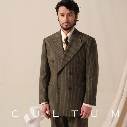 CULTUM1930s retro thickened wool suit suit men's banker striped double-breasted lapel business suit charcoal gray striped single suit M (50B)