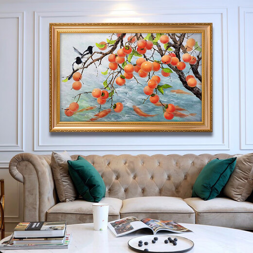Diqi Persimmon Ruyi Pure hand-painted persimmon oil painting Restaurant decorative painting Entrance entrance wall hanging painting Bedroom Jiuyu Picture Mural <Everything Ruyi> 692 gold solid wood frame 200X100