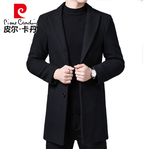 皮尔卡丹（pierre cardin）中长款羊毛大衣外套男高档毛呢大衣尼子料春秋冬西装领西服领毛呢 黑色 190/3XL