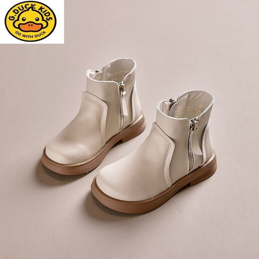 G.Duckkids Girls Stiefel 2024 Herbst Single Stiefel echte Leder Little Girl Prinzessin Kinder Martin Stiefel weiche Sohle Plüschbabystiefel Beige Single Größe 33 Größe Innere Länge ca. 20,8 cm