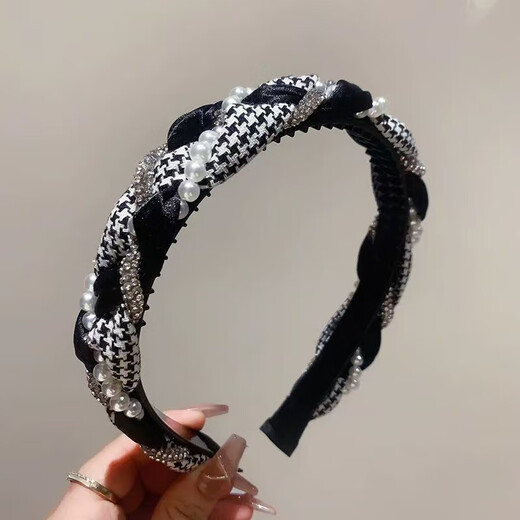 Idel's Houndstooth Imitation Pearl Hairpin Hairband Women's Spring and Summer Versatile Outing Headband 2025 New Temperament Headwear Hair Accessories Houndstooth Light Luxurious and High-Level Hairband F1386