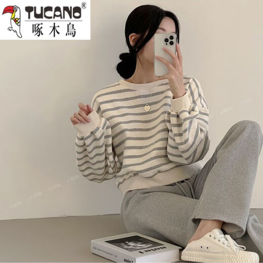 啄木鸟条纹卫衣女款宽松慵懒风加绒甜辣春秋冬季上衣服外套韩版潮流 9923卫衣 黑色 薄款 S 65-80斤