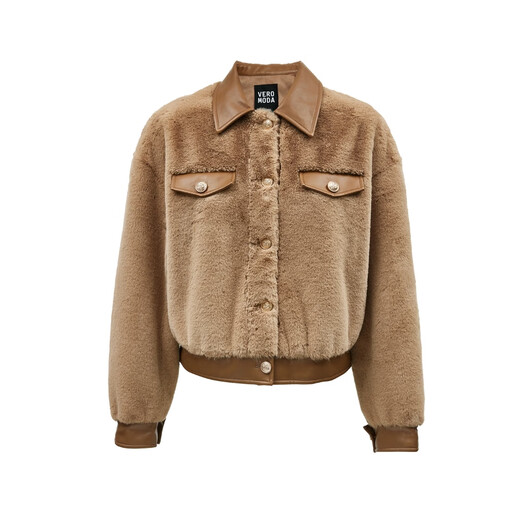 Chaqueta de veromoda para mujeres 2024 TEMPAJE Autumn New Fee Plush PU Interfacing Bag Bag Jacket Versátil estilo universitario Light Khaki 160/80a/s