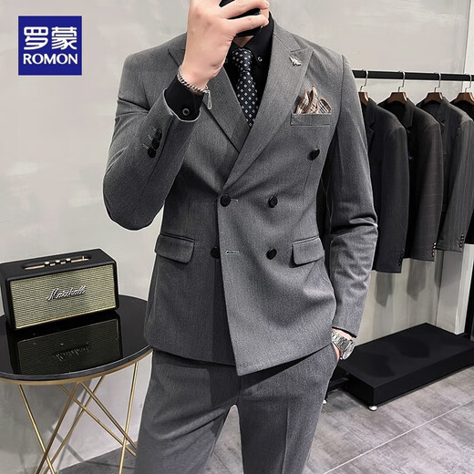 Romon High-High-End Men's Slim Business Business Casual Casual's Doble's Dobress Cloting Groom's Groom's Wedding Vestido de novia gris claro Traje doble de doble pecho + pantalones + Camisa/Bufanda cuadrada S 80-95Jin [Jin equivale a 0.5 kg] Wear Wear