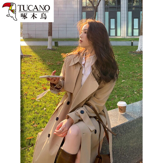 Woodpecker Windbreaker Jacket Women's 2024 Spring and Autumn New Korean Style Suit Collar Mid-Long Jacket Loose Temperament Popular Coat Khaki L