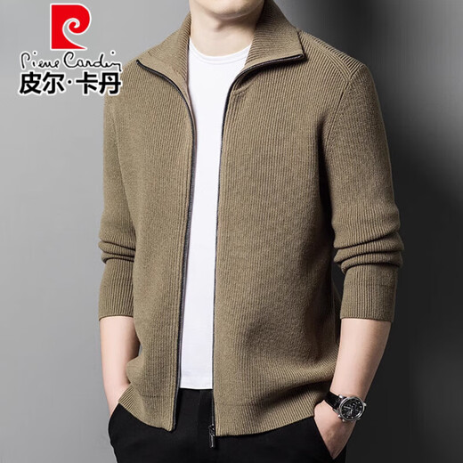 Pierre Cardin wool knitted cardigan for men 100% pure wool 2025 autumn and winter thickened casual lapel zipper sweater jacket for men tea green XL size 175