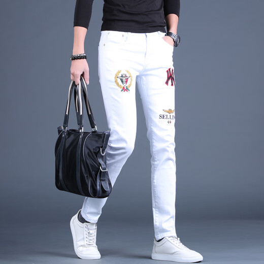 Ke jiehao 2025 Spring y verano Slim White White bordado Jeans de alta gama Los delgados pantalones de pies pequeños elásticos de moda y versátil tendencia casual 1315 Blanco 31