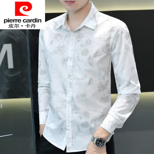 皮尔卡丹（pierre cardin）春秋季印花衬衫男士长袖青年花卉图案棉薄款修身时尚休闲碎花衬衣 723灰色 3XL 147-160斤