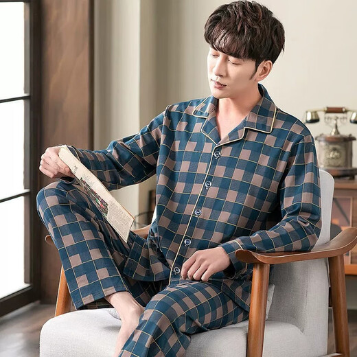 Pretty (qiaoliya) pure cotton men's pajamas summer thin long-sleeved cardigan plus fat plus larger lapel set home clothing 829 M