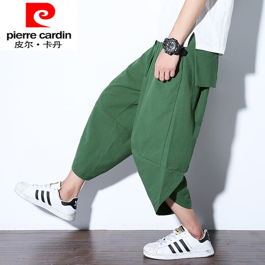 皮尔卡丹（pierre cardin）夏季亚麻七分裤男潮流大码灯笼裤泰国阔腿萝卜裤宽松休闲哈伦短裤 黑扇子 5XL (210-245斤)