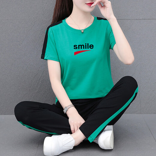 NY-EMMA运动套装女短袖夏季棉质休闲时尚中年洋气减龄广场舞跑步服两件套 695灰色（长裤套装） XL(建议110-125斤)