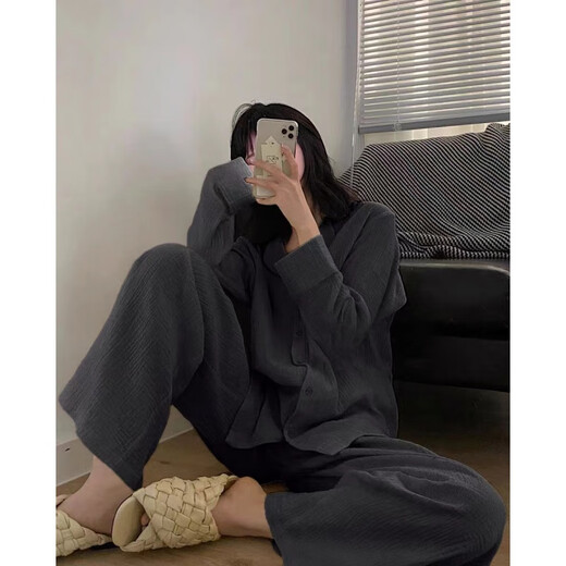 朵弦DUOXUAN居韩版感棉纱睡衣女春秋季色长袖长裤休闲宽松家居服套装 #d-9207t款 M 75-98斤