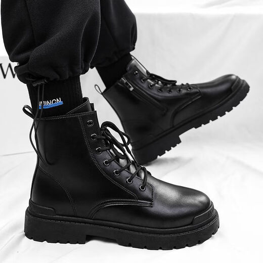 Botas Xier Martin Men Nuevas botas de trabajo de estilo británico de alto contenido Botas de cuero retro de moda Botas de motocicleta de suela gruesa Men Negro 40