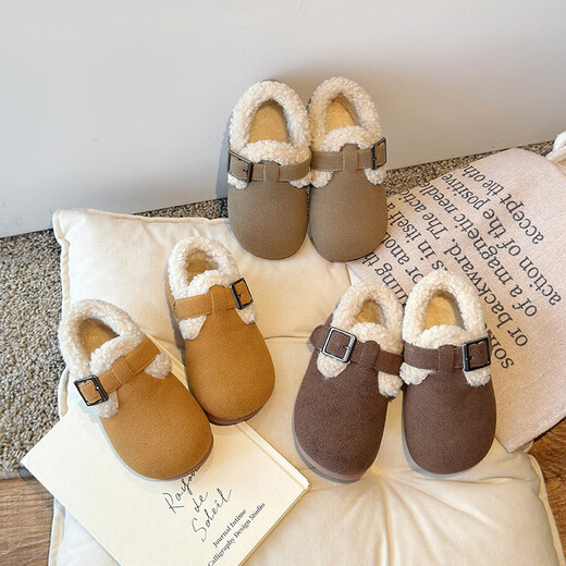 JOYNCLEON children's cotton shoes 2025 winter new style plus velvet and thickening to keep warm girls and children's Birkenstock shoes soft sole non-slip shoes yellow size 22