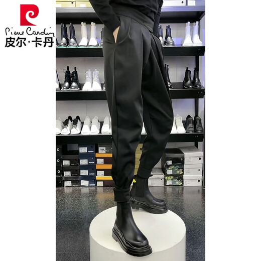 Pierre Cardin Velcro Martin boots with legged trousers for men, high-quality spring, autumn and winter suits, versatile casual pants, loose harem pants, black version, regular 28
