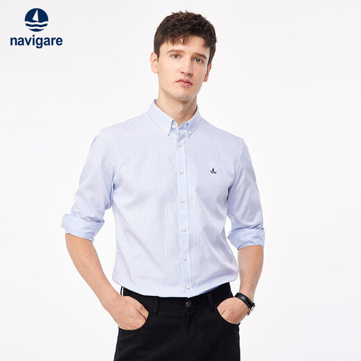 纳维凯尔 意大利小帆船长袖衬衫男春夏商务通勤全棉条纹衬衣1333041021 漂白/蓝 L/40 