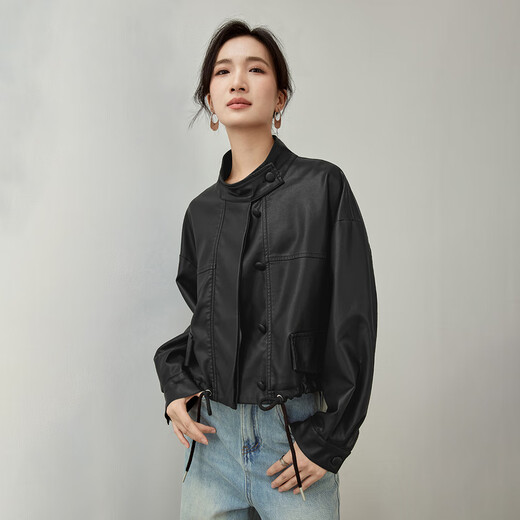 尚都比拉春夏款时尚休闲机车服立领落肩蝙蝠袖PU皮衣外套女 黑色 M