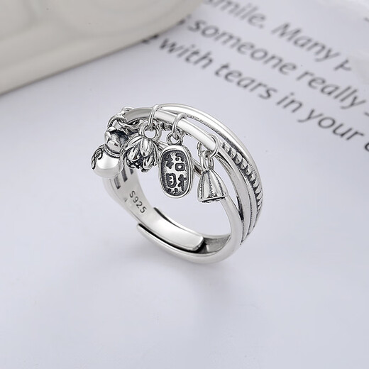 Mme Win S925 Anneau d'argent pour femmes rétro petit pendentif Tassel Lotus Creative Style Ancient Style littéraire Ouverture ajusté YFJ677 petite trompette environ 6,3 grammes 925