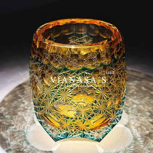 VIANASA S Edo Kiriko Seven Stars Blue Daisy Personalized Whiskey Wine Glass Handmade Colored Crystal Cup Amber Green Seven Stars (Gift Box) 280ml 1 piece